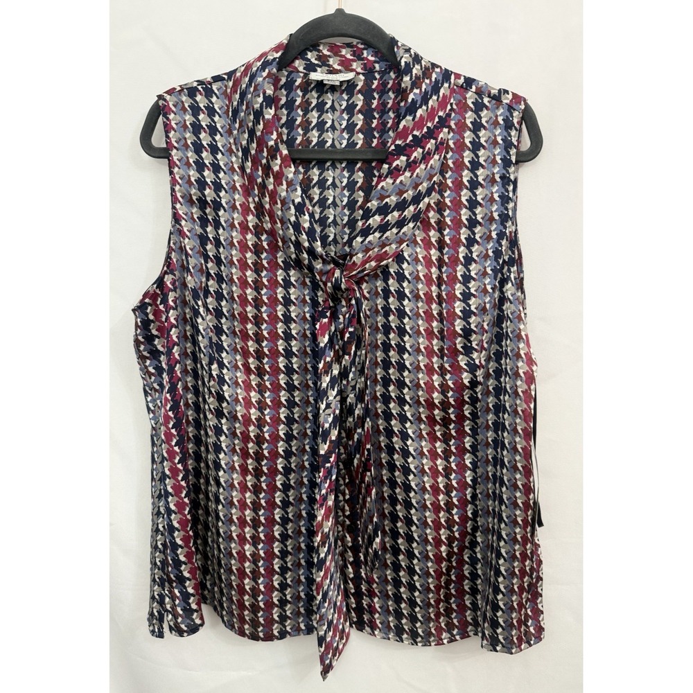 NWT Tahari Purple Navy Print Sleeveless Blouse Tie Neck Button Down Womens PXL